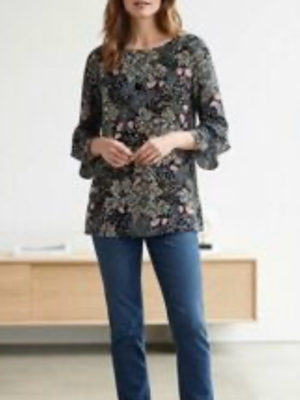 J.Jill/ Black Floral Long -Sleeve Tunic Top….647